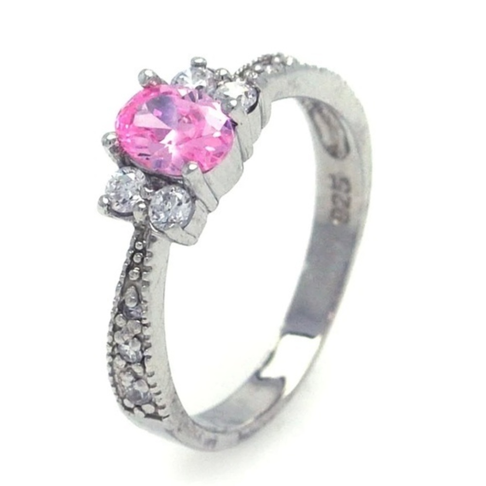 Silver 925 Rhodium Plated Pink Oval Center Pave CZ Engagement Ring